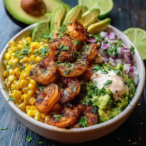 A bowl of shrimp, corn, avocado, and salsa.