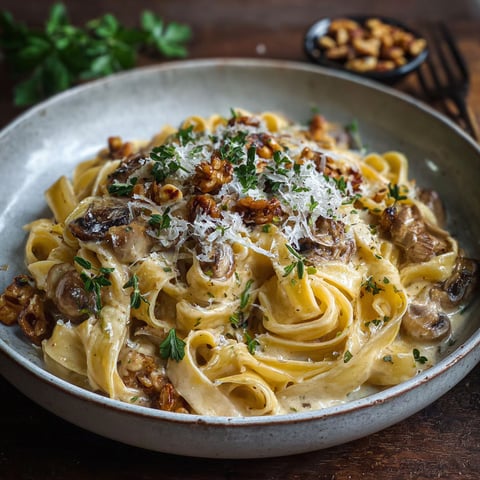 A bowl of creamy chestnut pasta with garlic.
