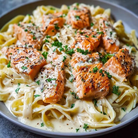 A bowl of pasta with salmon on top.