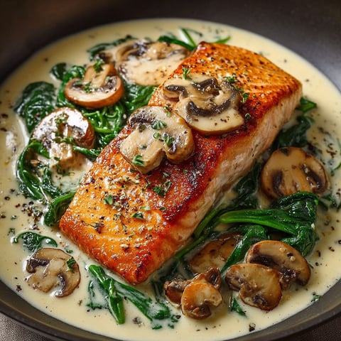 A dish of salmon with mushrooms and spinach.