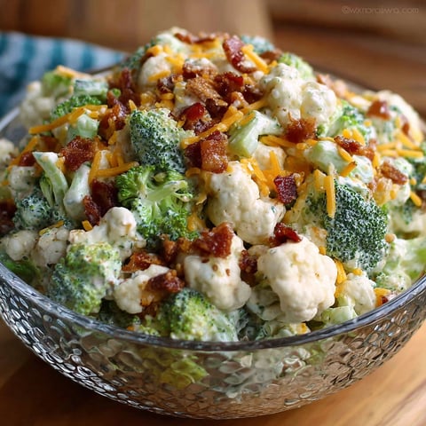 A bowl of broccoli salad with cheese and bacon.
