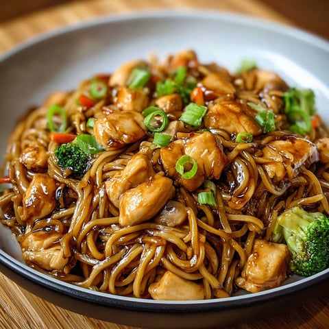 A plate of garlic chicken lo mein.