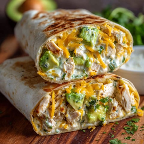 Two chicken avocado ranch burritos on a table.