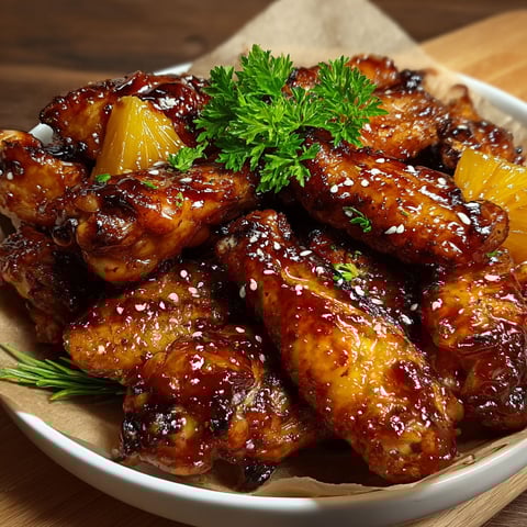 A plate of chicken wings with brown sugar and pineapple.
