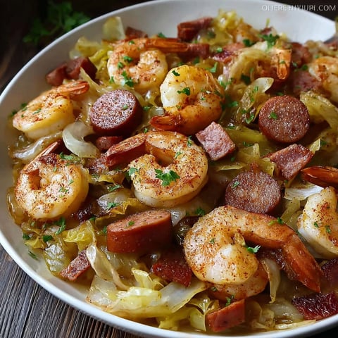 A white bowl filled with shrimp, sausage, and bacon.