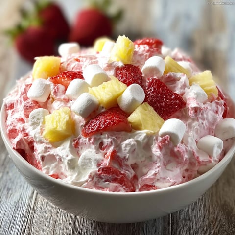 A bowl of strawberry fluff salad.