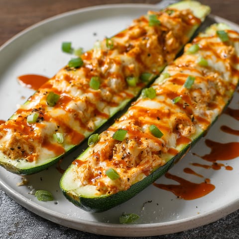 Two slices of zucchini with buffalo sauce.