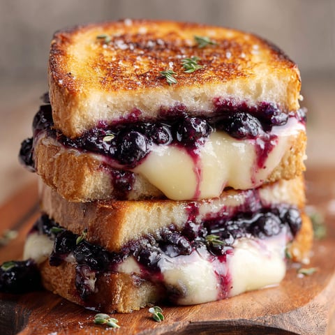 Three grilled cheese sandwiches with blueberries on top.