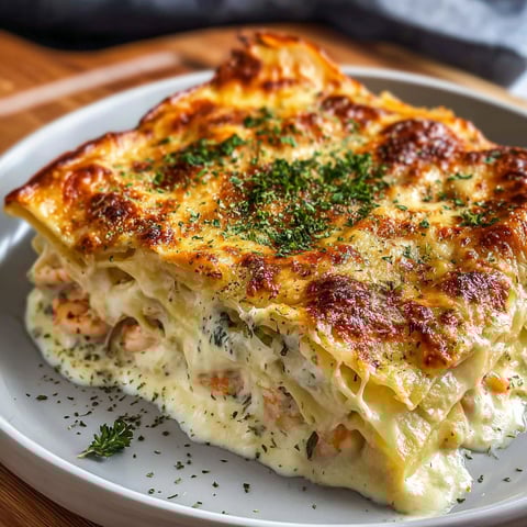 A plate of seafood lasagna with creamy cheese.