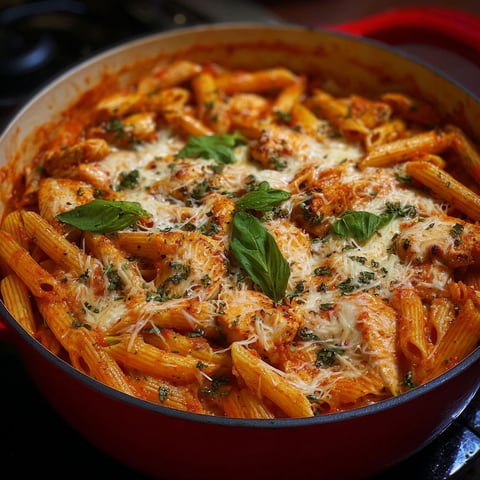 A close up of a pot of chicken parmesan pasta.