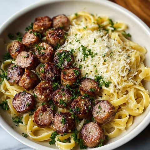 A bowl of pasta with sausage and cheese.