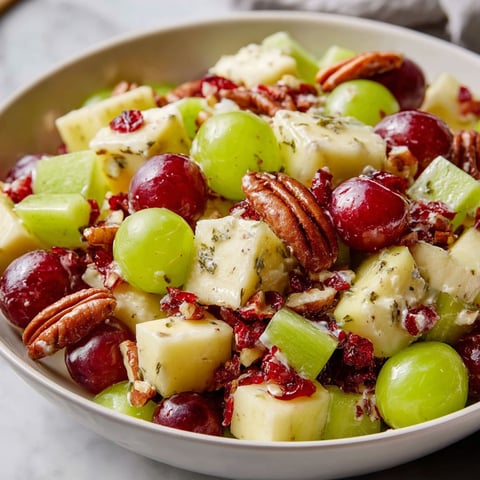 A bowl of fruit salad with grapes, apples, and nuts.