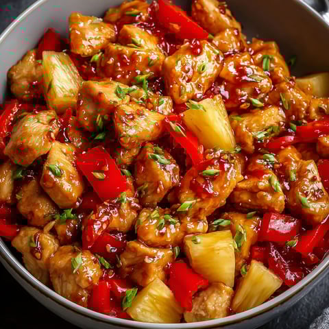 A bowl of chicken with pineapple and red peppers.