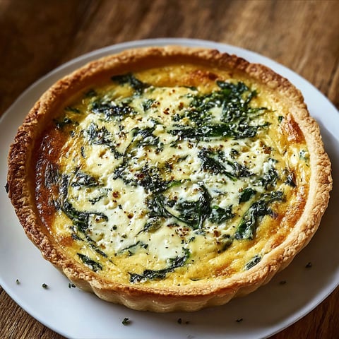 A spinach quiche on a white plate.