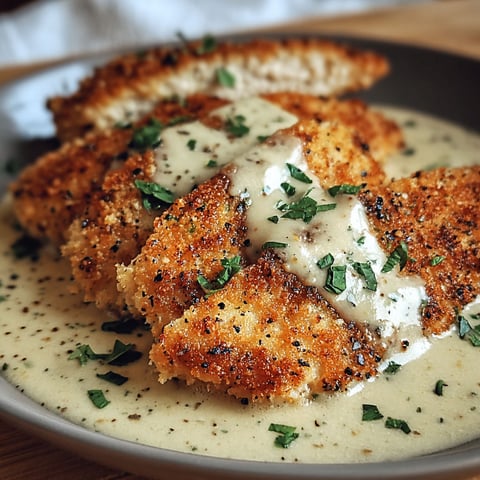 A plate of Parmesan crusted chicken with garlic sauce.