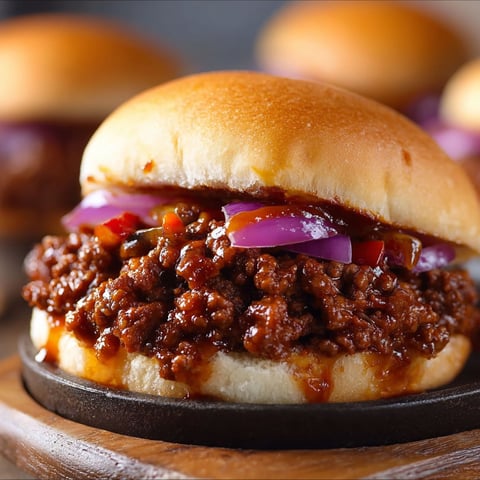 A sloppy joe sandwich with onions and peppers.