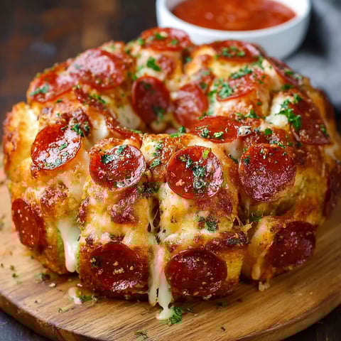 A pepperoni pizza monkey bread is on a wooden cutting board.