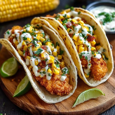 Two street corn chicken tacos with white sauce.
