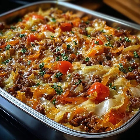 A savory cabbage beef bake in a silver pan.