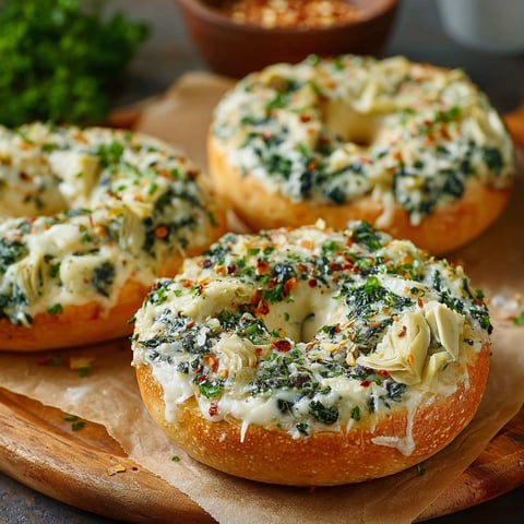 Four cheesy spinach artichoke bagels on a wooden board.