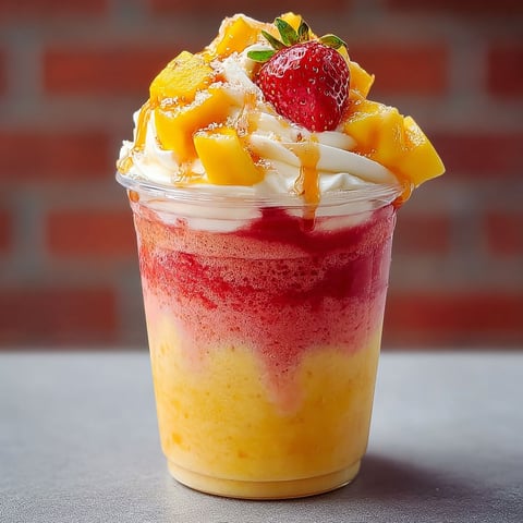 A cup of Mango Strawberry Sunrise Frappuccinos.