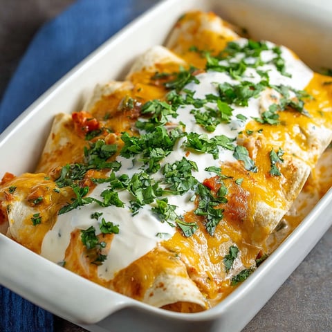 A white bowl filled with sour cream chicken enchiladas.