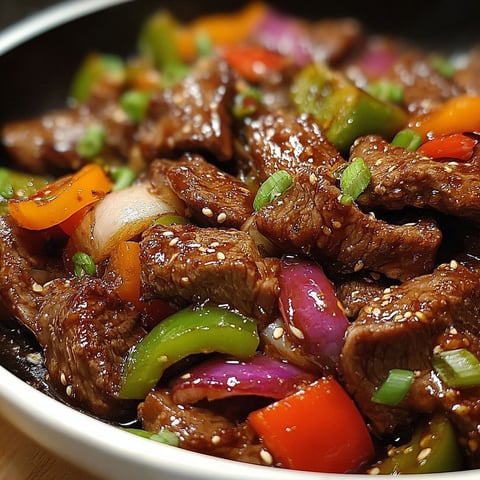 A bowl of Chinese pepper steak stir fry.