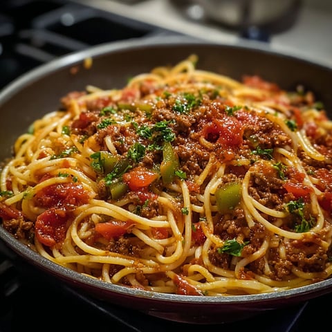 A skillet of spaghetti with meat sauce and vegetables.