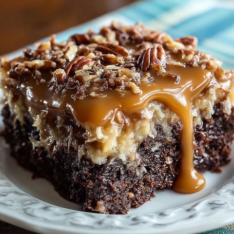 A slice of German Chocolate Poke Cake.