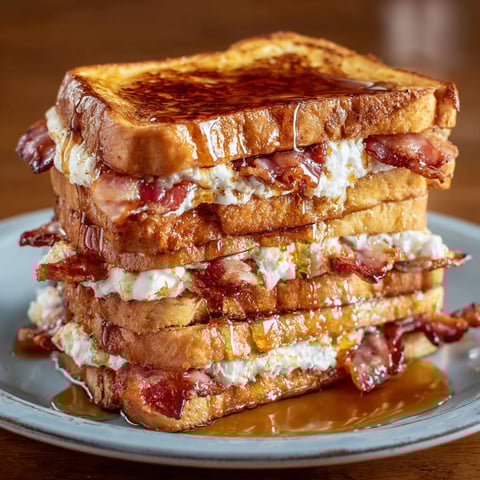 A stack of French toast with bacon and maple syrup.