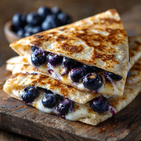 A quesadilla with blueberries on top.