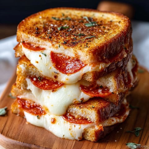 A stack of grilled cheese sandwiches with pepperoni.