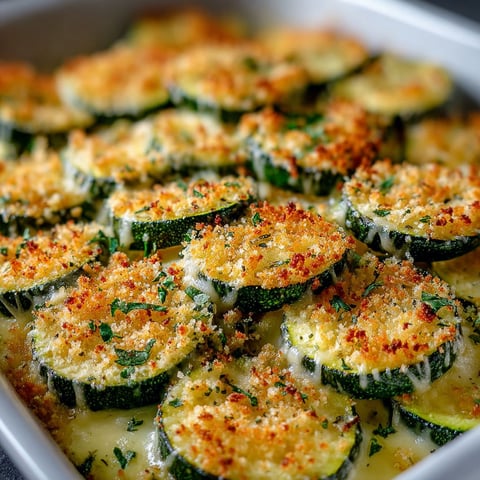 A dish of baked zucchini with cheese and spices.