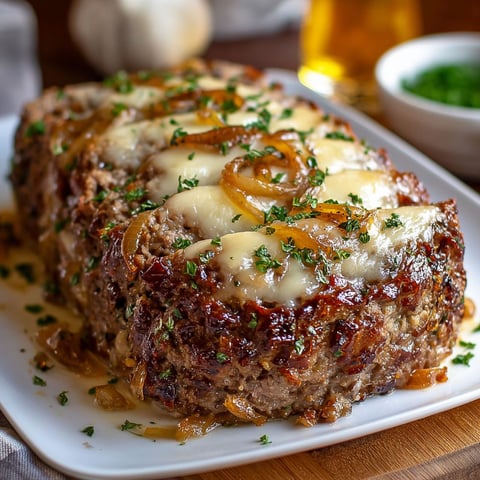 A meatloaf with cheese and onions on a plate.
