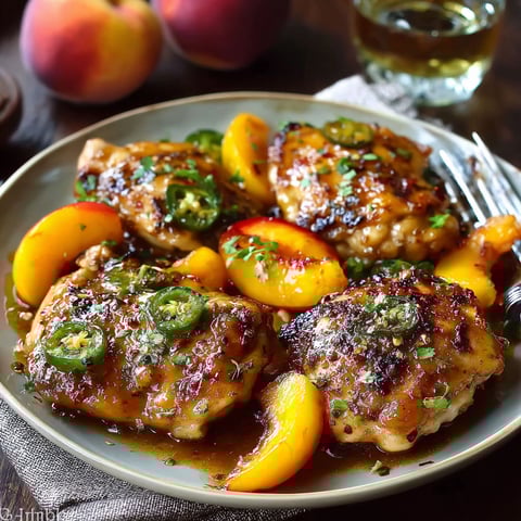 A plate of chicken with peaches and jalapenos.