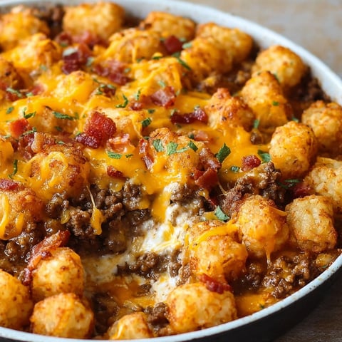A cheeseburger tater tot casserole in a pan.