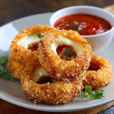 Mozzarella sticks and onion rings on a plate.