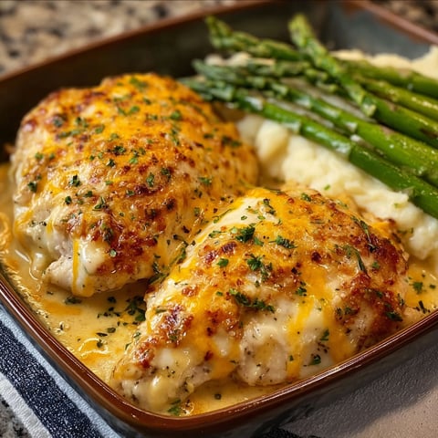 A plate of chicken with cheese and ranch sauce.