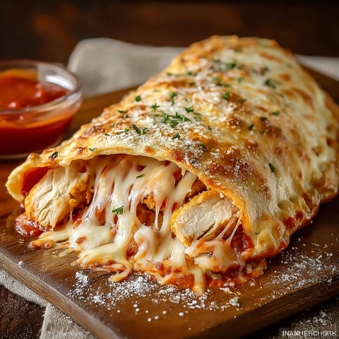 A BBQ chicken cheese stromboli on a wooden cutting board.