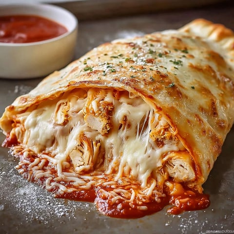 A slice of chicken Parmesan calzone.