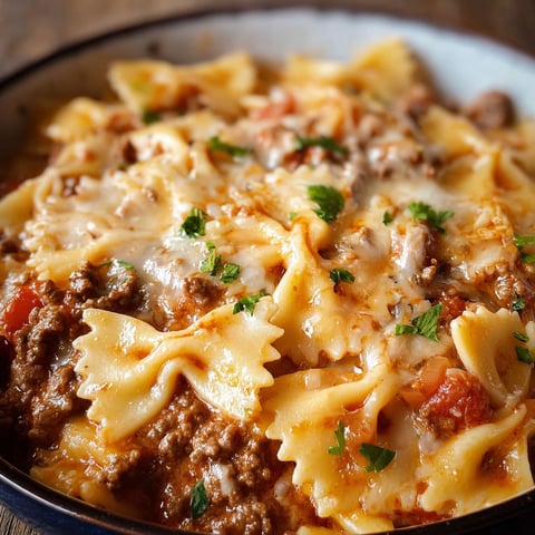 A bowl of creamy beef bowtie pasta.
