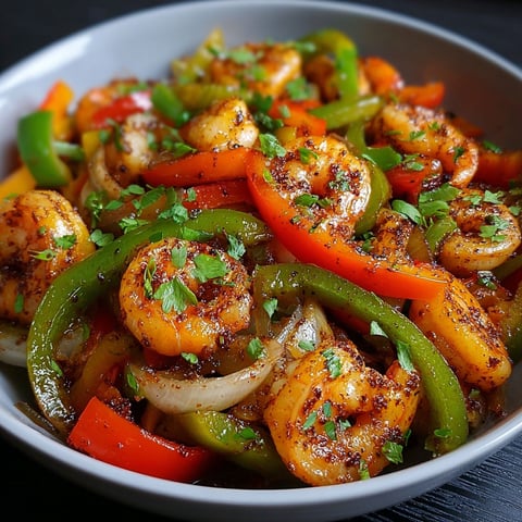 A bowl of shrimp and bell pepper stir fry.