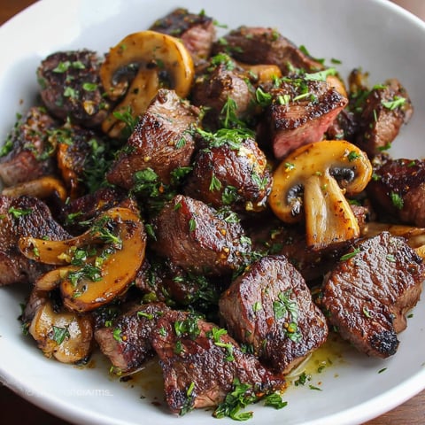A bowl of steak bites with mushrooms and herbs.