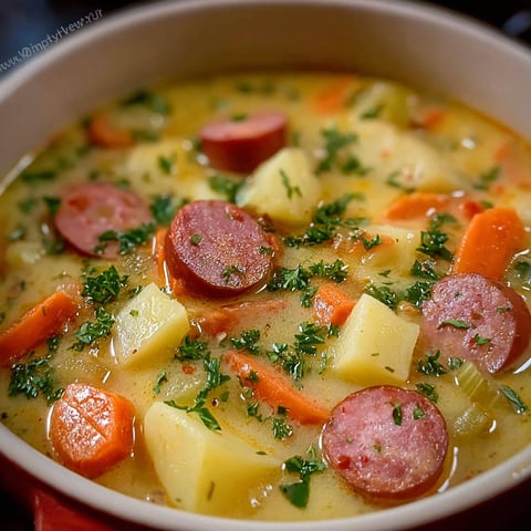A bowl of soup with sausage and carrots.