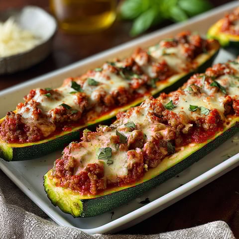 A plate of stuffed zucchini boats.