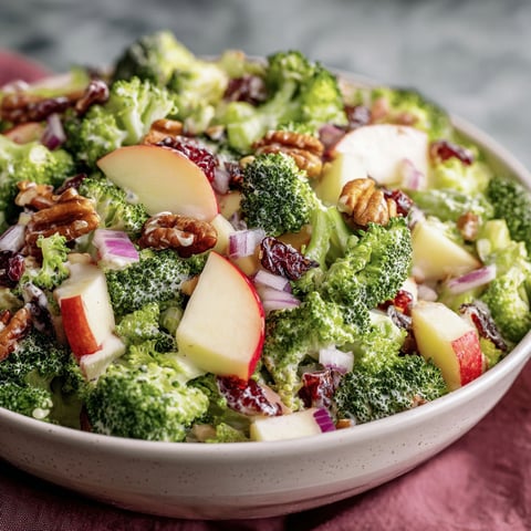 A bowl of salad with broccoli, apples, and walnuts.