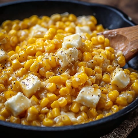 A skillet of corn with butter and cheese.