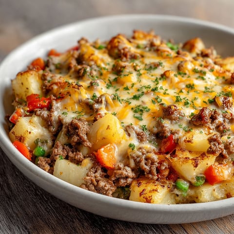 A bowl of ground beef and veggie hobo casserole.