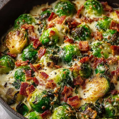 A dish of creamy bacon and brussels sprouts.