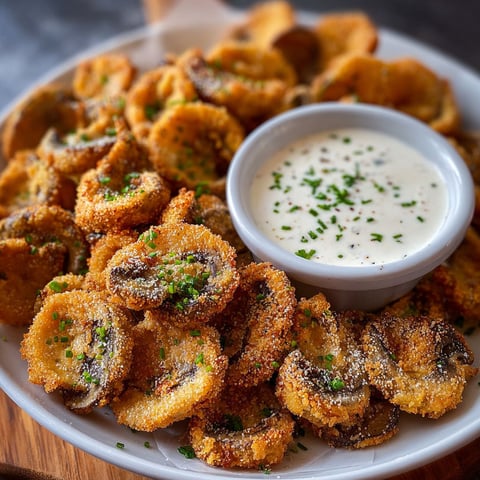 A plate of crispy fried mushrooms with a bowl of ranch dip.